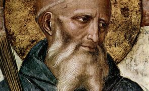 Fra Angelico: Freskenzyklus im Dominikanerkloster San Marco in Florenz, Szene: Kreuzigung mit trauernden Marien und Heiligen am Fuße des Kreuzes, Detail: Kopf des Hl. Benedikt (Link zum Foto: https://commons.wikimedia.org/wiki/File:Fra_Angelico_031.j